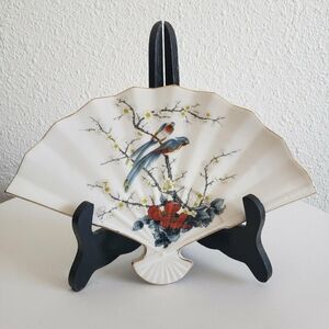 #Porcelain Tray Tao May Fine China Fan Shaped Bird Floral made in Japan